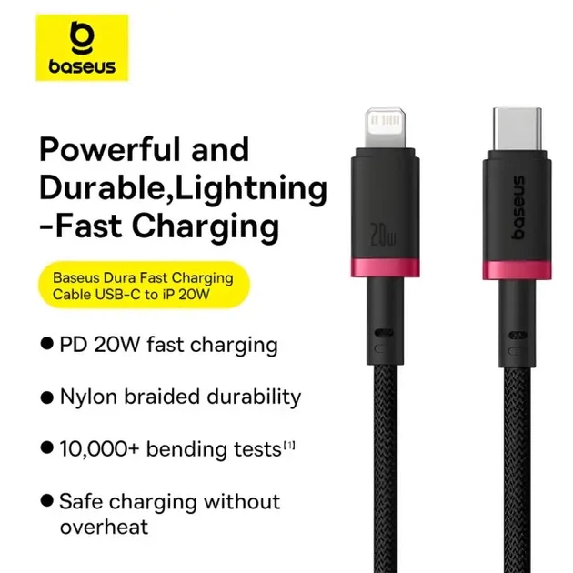 Кабель Baseus Type-C to Lightning Dura PD20W 1m Black-Red P10377800U01-01 - зображення 2