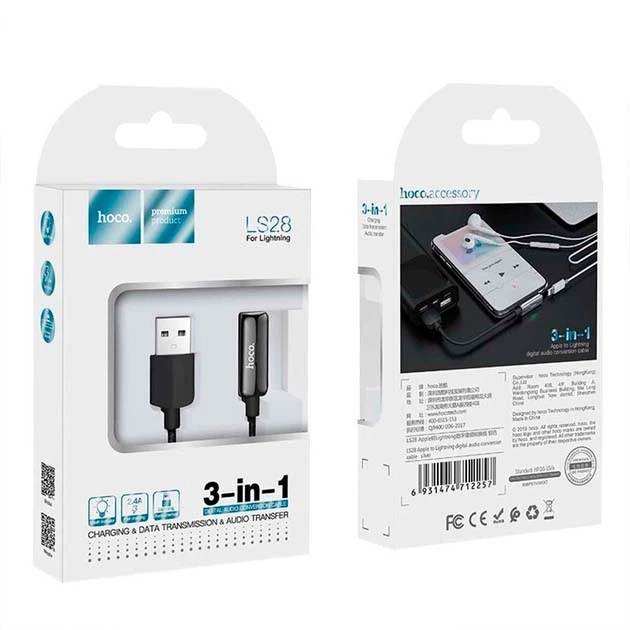 Перехідник Hoco LS28 Lightning 3in1 для заряджання/аудіо конверсії з LED індикатором 22СМ Графіт - Фото 2 Перехідник Hoco LS28 Lightning 3in1 для заряджання/аудіо конверсії з LED індикатором 22СМ Графіт - зображення 2