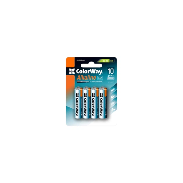 Батарейка ColorWay AA LR6 Alkaline Power (лужні) * 8 blister (CW-BALR06-8BL) - Фото 1 Батарейка ColorWay AA LR6 Alkaline Power (лужні) * 8 blister (CW-BALR06-8BL) - изображение 1