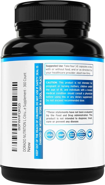 Добавка премиум-класса оксид азота цитруллин Dorado Nutrition L Citrulline 3000mg 360 капсул - изображение 3
