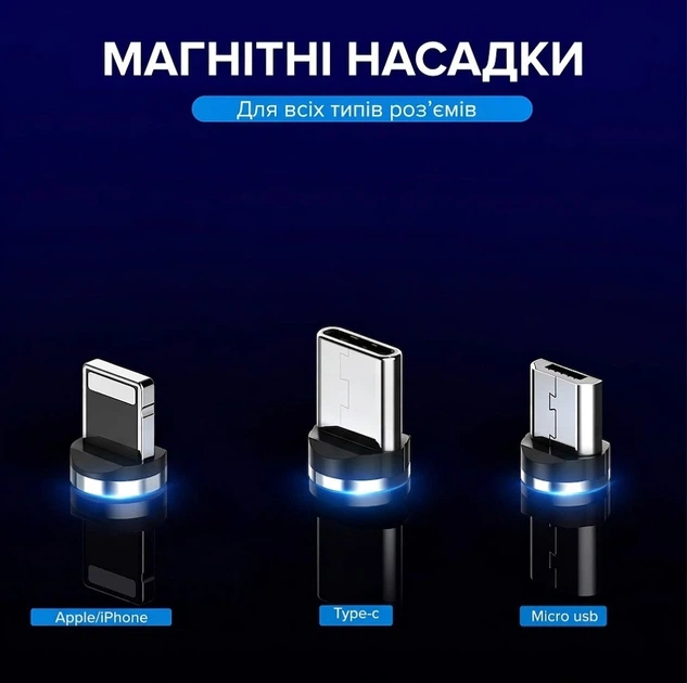 Кабель магнітний для заряджання телефону 3 в 1 MicroUSB Type-C Lightning чорний 1М PAVLYSH IP-32 - зображення 2
