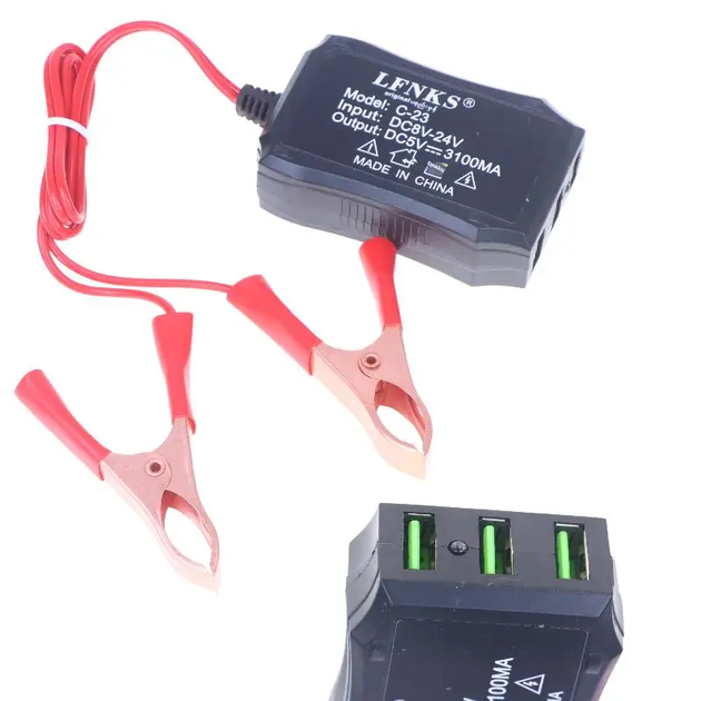 Преобразователь с 12V-24V в 5V с 3 USB-портами и зажимами на аккумулятор для зарядки телефонов - изображение 3