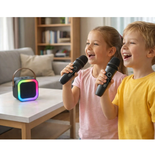 Мини-детское караоке K12 с 2 беспроводным микрофоном, портативная колонка с LED подсветкой BLACK - изображение 2