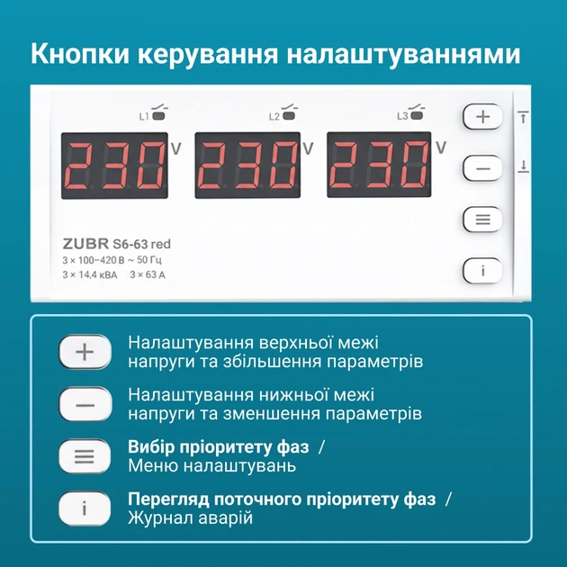 Перемикач фаз ZUBR S6-50 red (50 А, 11.5 кВА) (4820120222771) - Фото 6 Перемикач фаз ZUBR S6-50 red (50 А, 11.5 кВА) (4820120222771) - зображення 6