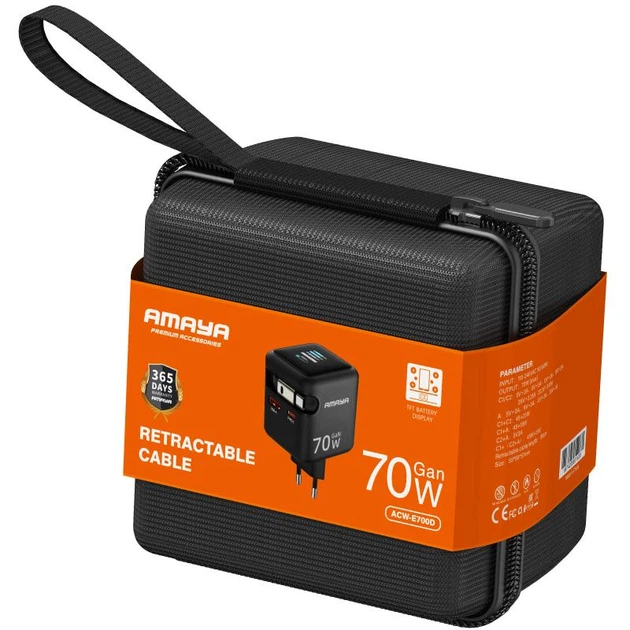 Сетевое зарядное устройство Amaya E700D PD70W+QC3.0 GaN (1USB-A/1C) + Retractable Cable Type-C Black - изображение 2