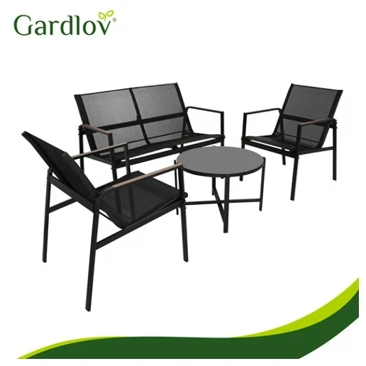 Комплект мебели для балкона 4 предмета Gardlov стальная конструкция ткань теслин закаленное стекло черный дерево - Фото 5 Комплект мебели для балкона 4 предмета Gardlov стальная конструкция ткань теслин закаленное стекло черный дерево - зображення 5