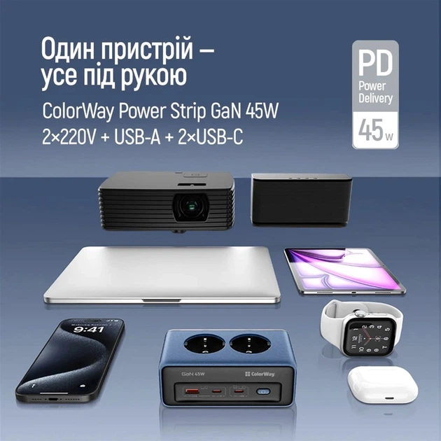 Сетевой фильтр-удлинитель ColorWay 2x220V/1xUSB-A/2xUSB-C (GaN45 Вт) 2м Black (CW-CHE25PDB) - изображение 7
