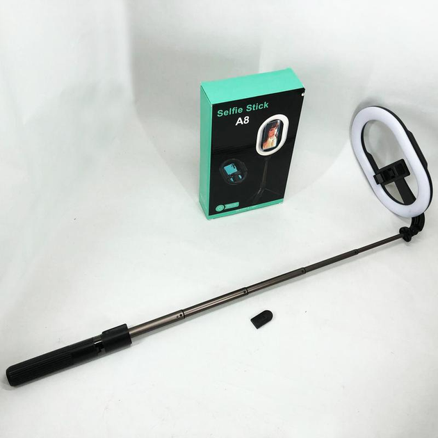 Монопод-штатив для селфі з кільцевою led лампою selfie stick a8 телескопічний з пультом та bluetooth - Фото 3 Монопод-штатив для селфі з кільцевою led лампою selfie stick a8 телескопічний з пультом та bluetooth - зображення 3
