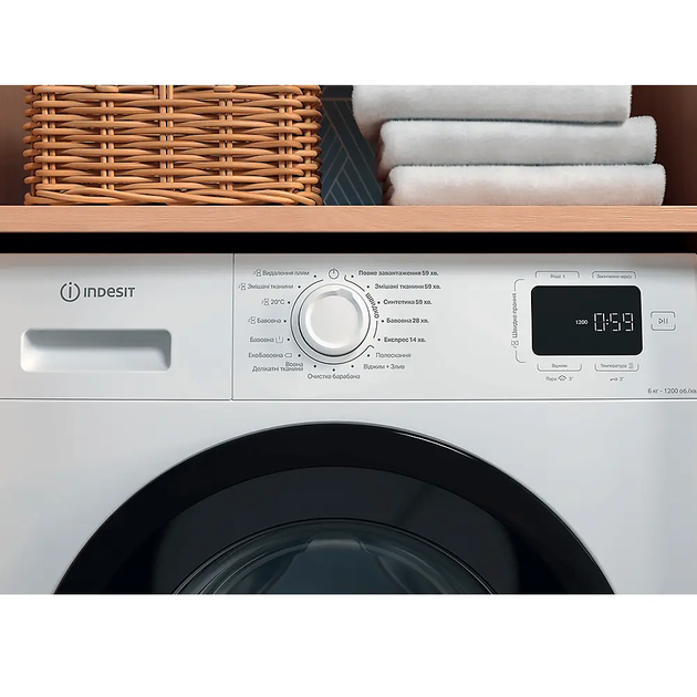 Пральна машина Indesit фронтальна, 6кг, 1200, A+++, 44.6см, дисплей, пара, інвертор, люк чорний, білий - зображення 8