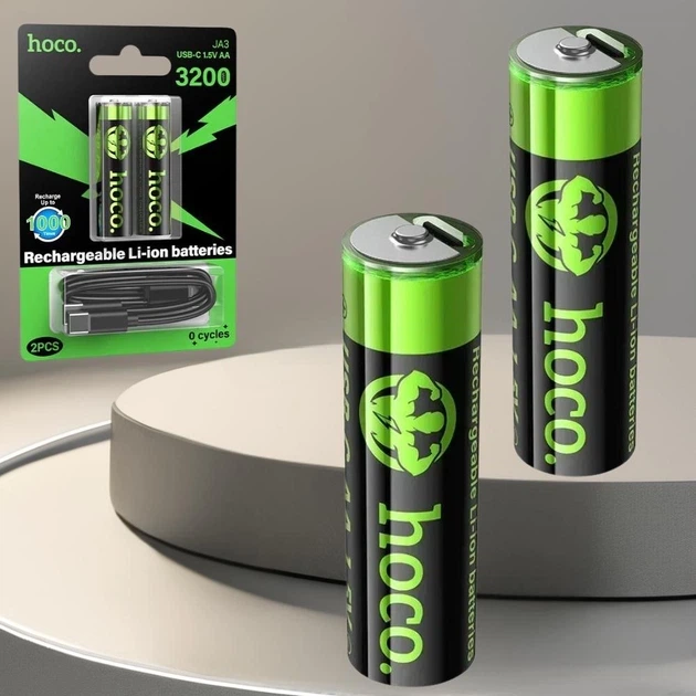 Акумуляторні пальчикові батареї HOCO JA3(AA) 860mAh USB-C 2 шт. del 3.65 - Фото 3 Акумуляторні пальчикові батареї HOCO JA3(AA) 860mAh USB-C 2 шт. del 3.65 - изображение 3