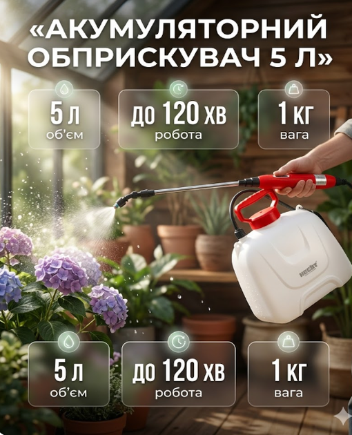 Опрыскиватель аккумуляторный HECHT, 5 В 2,5 Ач, 5 л, давление до 2,5 бар, штанга 60 см, 1 кг - Фото 8 Опрыскиватель аккумуляторный HECHT, 5 В 2,5 Ач, 5 л, давление до 2,5 бар, штанга 60 см, 1 кг - изображение 8