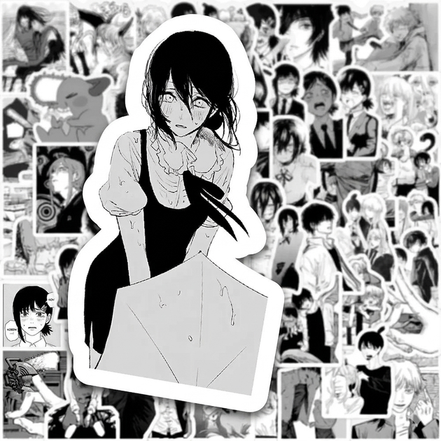 Набор наклеек Человек бензопила (Chainsaw Man) 10 шт-ЧБ - изображение 2