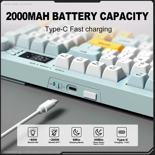 Клавіатура Onikuma G80 2.4G Bluetooth 94 клавіші RGB-підсвічування акумулятор 2000 мАч блакитна - Фото 3 Клавіатура Onikuma G80 2.4G Bluetooth 94 клавіші RGB-підсвічування акумулятор 2000 мАч блакитна - зображення 3