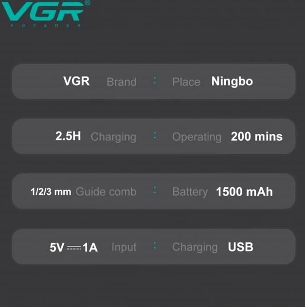 Триммер VGR V-985 мощность 5 Вт нержавеющая сталь USB Type-C черный для ухода за волосами и бородой - изображение 5