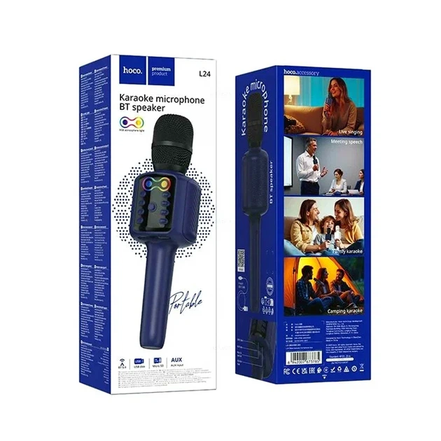 Мікрофон Hoco L24 Shine 5Вт 1200мАг Bluetooth 5.4 AUX USB синій для караоке та вечірок - Фото 2 Мікрофон Hoco L24 Shine 5Вт 1200мАг Bluetooth 5.4 AUX USB синій для караоке та вечірок - зображення 2