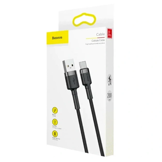 Кабель USB Type-C 2A 2 м чорний для заряджання та передачі даних Baseus Cafule - Фото 2 Кабель USB Type-C 2A 2 м чорний для заряджання та передачі даних Baseus Cafule - зображення 2