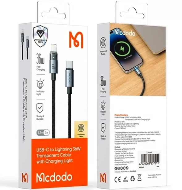 Кабель McDodo USB-C to Lightning 36W 1.2 м чорний - Фото 2 Кабель McDodo USB-C to Lightning 36W 1.2 м чорний - зображення 2