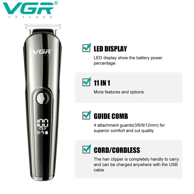 Набор для стрижки VGR V-107 Black 5 Вт USB аккумуляторный черный с насадками для волос бороды и тела - изображение 7
