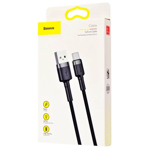 Кабель Baseus Cafule USB Type-C 3А 1м сірий чорний для швидкого заряджання та передачі даних - зображення 2