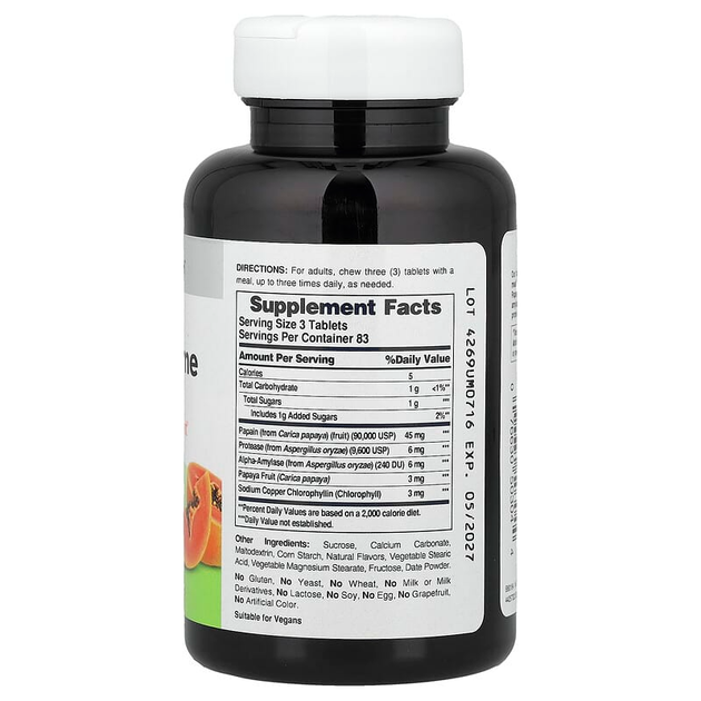 Папайя с хлорофиллом AMERICAN HEALTH "Chewable Papaya Enzyme with Chlorophyll" (250 жевательных таблеток) - изображение 2