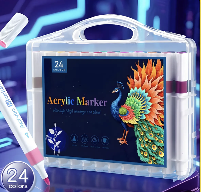 Набір акрилових маркерів 24 кольорів Acrylic Marker MAP-03 з кулеподібним наконечником у кейсі для паперу, тканини, скла, каменю та кераміки - изображение 2