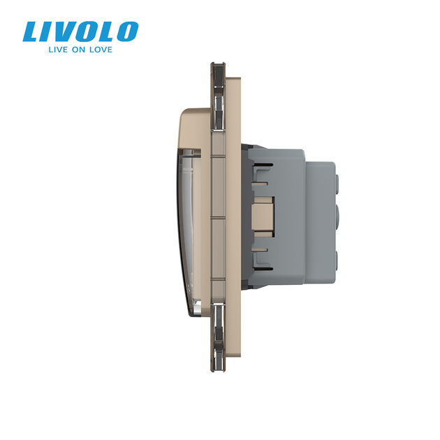 Тройная розетка LIVOLO с крышкой IP44, с заземлением, шторки, золотая, стеклянная рамка, 250В 16А (246640385) - изображение 2
