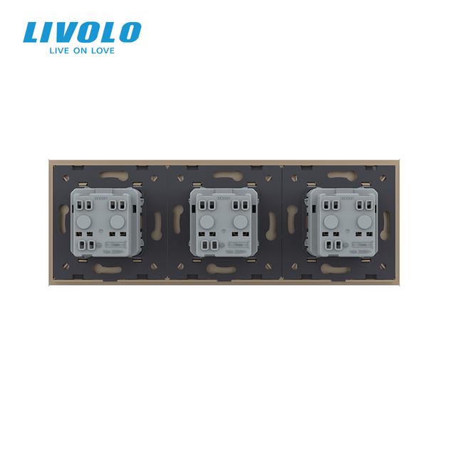 Тройная розетка LIVOLO с крышкой IP44, с заземлением, шторки, золотая, стеклянная рамка, 250В 16А (246640385) - изображение 4