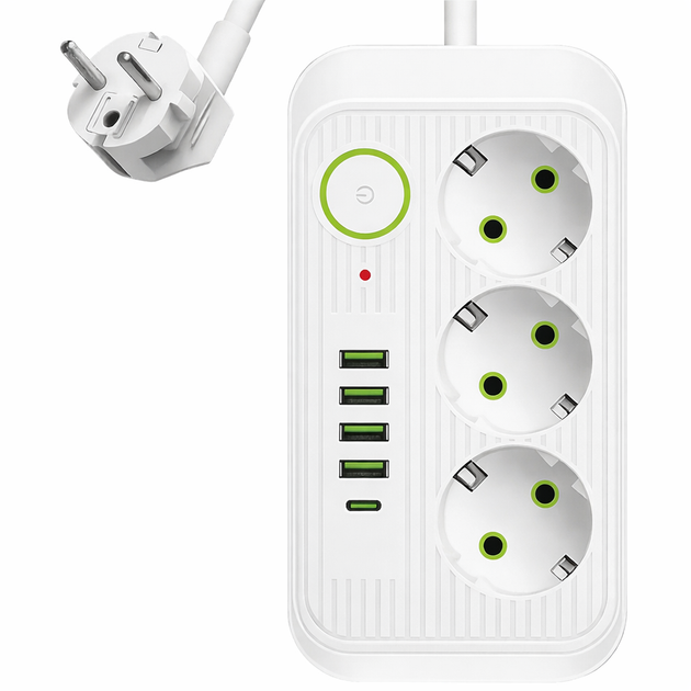Мережевий фільтр 3 метри, подовжувач на 3 розетки, 4 USB+Type-C, Білий - зображення 2