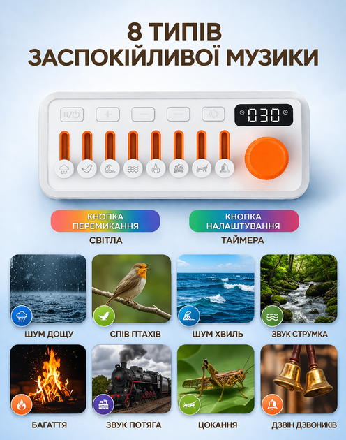 Генератор белого шума 3в1 - 8 звуков природы, ночник + Bluetooth колонка, S660Pro UKC - изображение 6