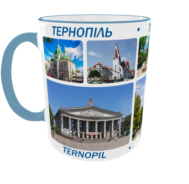 Сувенирная керамическая чашка с гербом и видами города Тернополь 330 мл | Серия «Города Украины» (голубая ручка) - Фото 3 Сувенирная керамическая чашка с гербом и видами города Тернополь 330 мл | Серия «Города Украины» (голубая ручка) - изображение 3