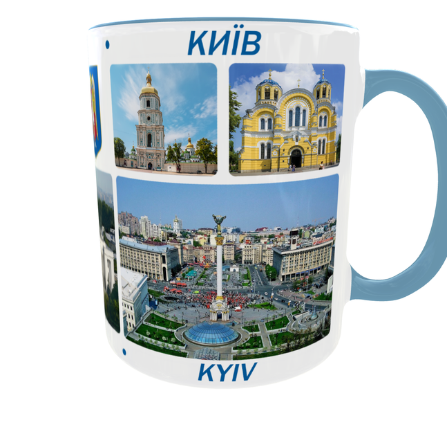 Сувенірна керамічна чашка з гербом та видами міста Київ 330 мл | Серія «Міста України» (блакитна ручка) - зображення 6