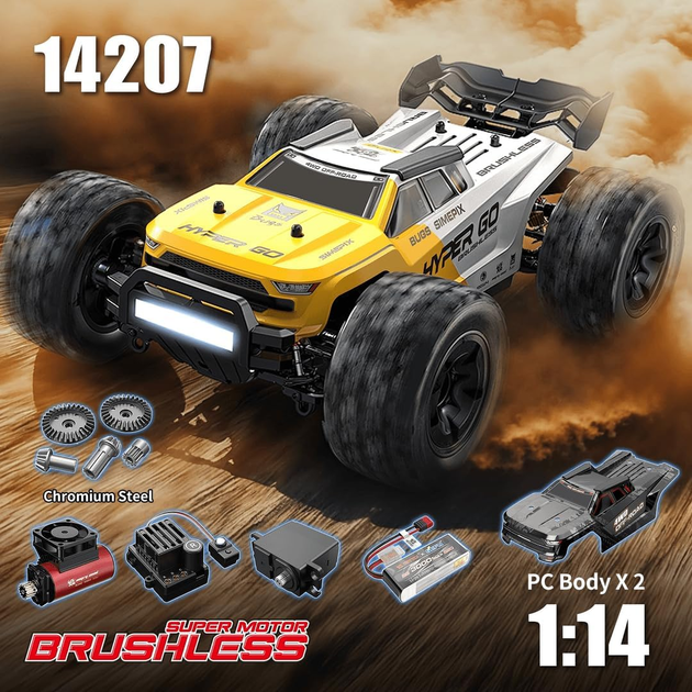 Машинка на радиоуправлении MJX Hyper Go 14207 1:14 4WD до 55 км/ч, Brushless RC монстр-трак, внедорожник, металлическая трансмиссия, LiPo 2S/3S - изображение 6