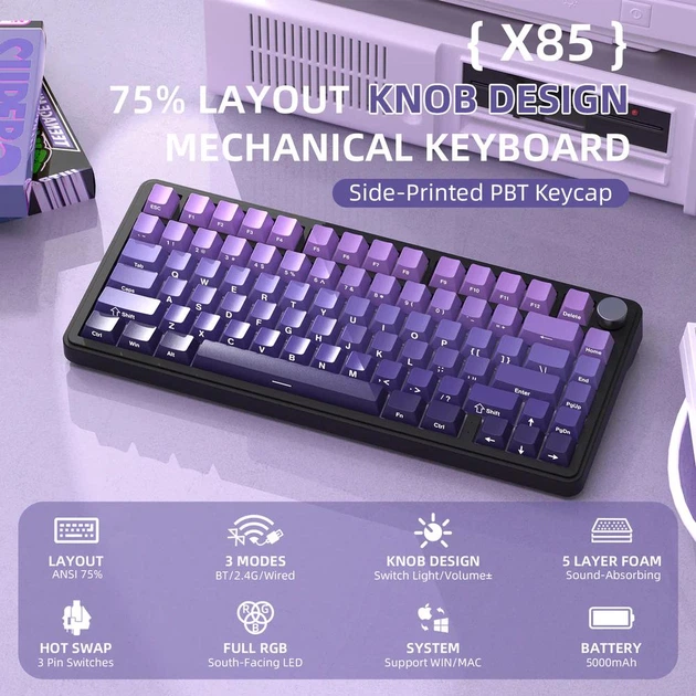 Механічна бездротова (Bluetooth + 2,4G) клавіатура з HOT SWAP Attack SHARK X85, 82 Key, RGB, Win/Mac OS, УКР/АНГЛ, Gradient Purple (X85GP) - зображення 8