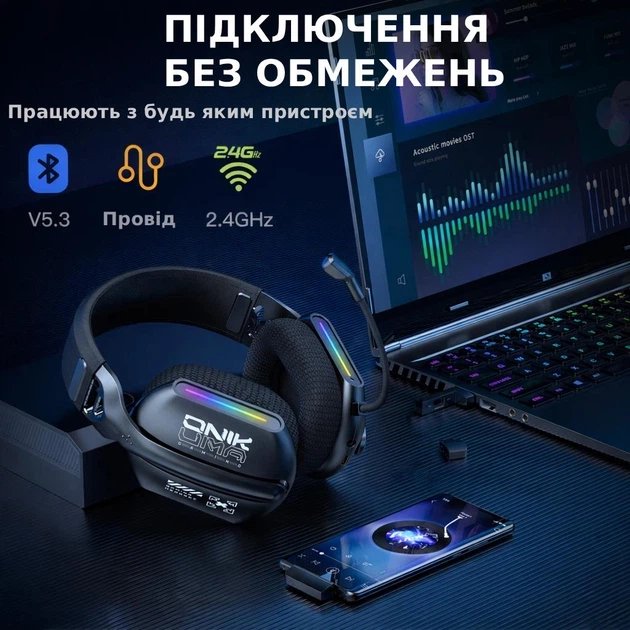 Бездротові ігрові навушники Onikuma GT808 геймерська Bluetooth гарнітура з мікрофоном та RGB Black (19118) - зображення 5