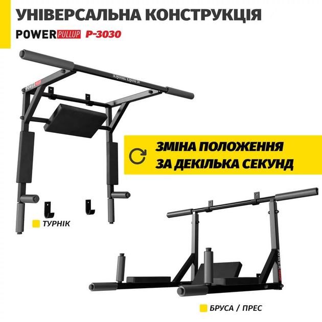 Турник PullUp 3в1 настенный + брусья с упором для пресса / 2 хвата / разборный / черный / (P-3030) - изображение 2