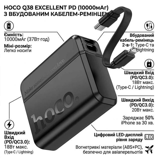Повербанк 10000 mAh HOCO Q38 Excellent PD зі знімним кабелем Lightning to Type-C (20W, PD/QC). Black - зображення 2