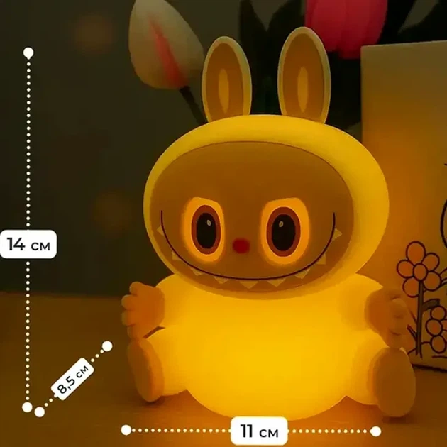 Ночник аккумуляторный Labubu желтый 2.5 Вт 14x11x8.5 см USB светодиодный из силикона для детей - изображение 8