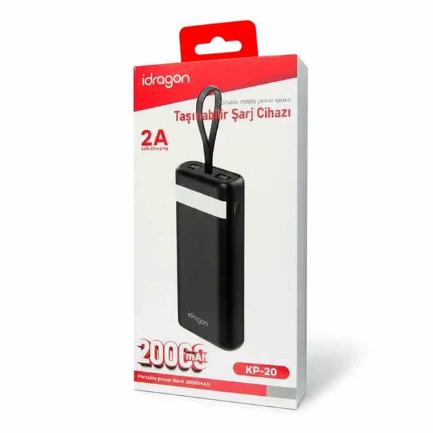 Повербанк 20000mAh із ліхтариком USB Type-C micro USB чорний iDragon KP-20 - Фото 8 Повербанк 20000mAh із ліхтариком USB Type-C micro USB чорний iDragon KP-20 - зображення 8