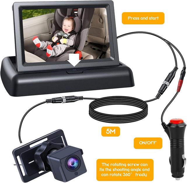 Детская автокамера-монитор VONLUXE: 4.3" дисплей, Ночное видение HD, обзор 160°, Магнитное крепление, Питание 12V (Black) - изображение 3