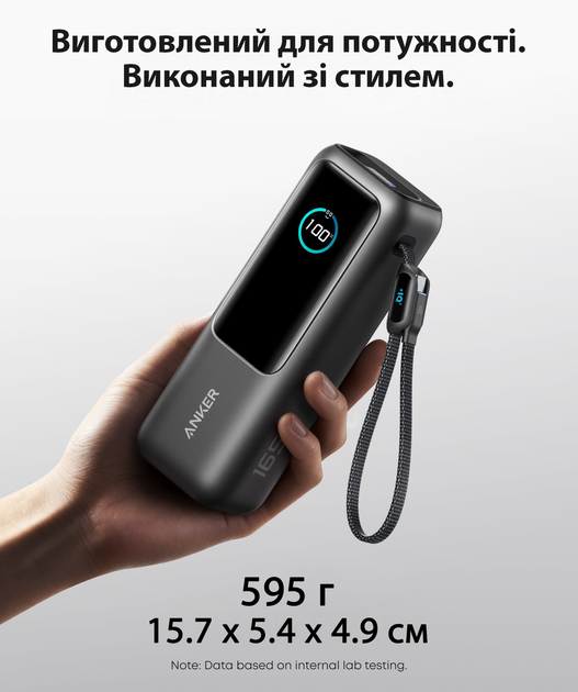 Зовнішній акумулятор повербанк Anker A1695 25000mAh (165W) Power Bank на 4 виходи з вбудованим і висувним кабелями USB-C, Black - зображення 7
