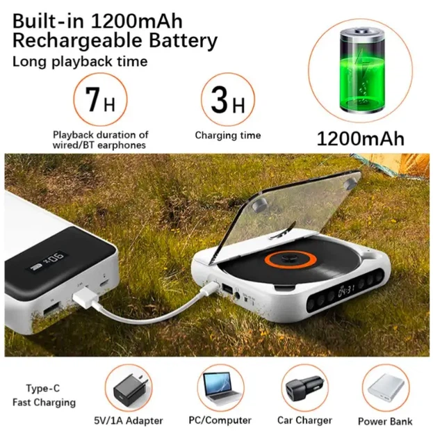 Портативний CD-плеєр KC918 , Bluetooth 5.3, MP3/CD/USB, вбудований акумулятор 2000 мАг, Type-C, вихід на навушники/колонки - Фото 8 Портативний CD-плеєр KC918 , Bluetooth 5.3, MP3/CD/USB, вбудований акумулятор 2000 мАг, Type-C, вихід на навушники/колонки - зображення 8
