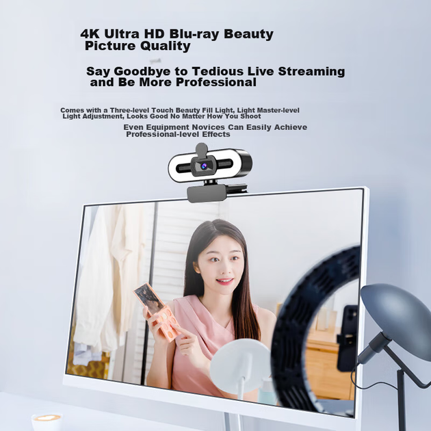 Веб-камера Stiger 4K Ultra HD с кольцевой LED-подсветкой Beauty и микрофоном Black - изображение 4