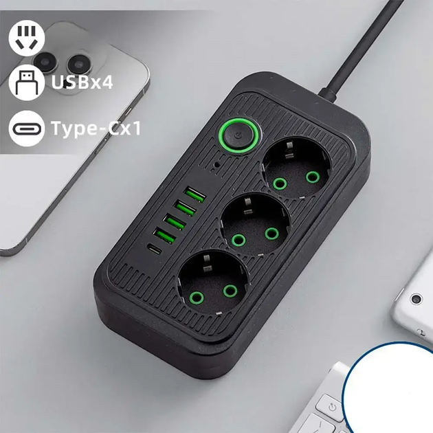 Сетевой фильтр удлинитель 2м 2500Вт (3 розетки + 4xUSB + Type-C) F09U Черный (см11857) - Фото 4 Сетевой фильтр удлинитель 2м 2500Вт (3 розетки + 4xUSB + Type-C) F09U Черный (см11857) - изображение 4