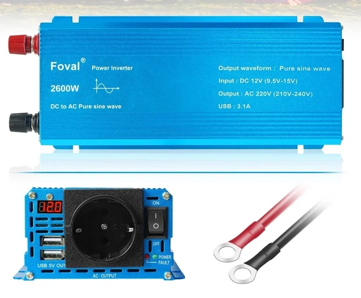Інвертор Foval 2600W 12-220V чистий синус, перетворювач напруги з 12В у 220В - зображення 3