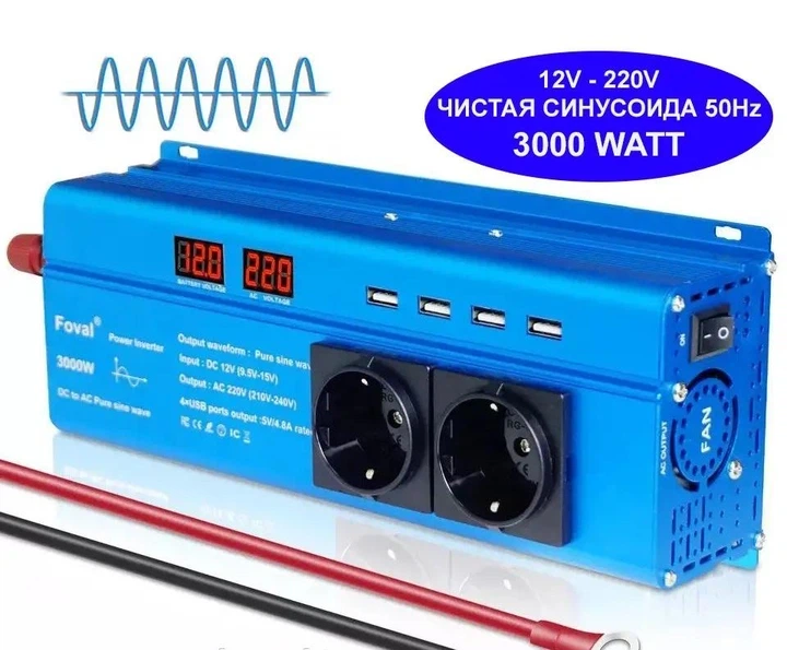 Інвертор Foval 3000W 12-220V чистий синус, перетворювач напруги з 12В у 220В - зображення 2