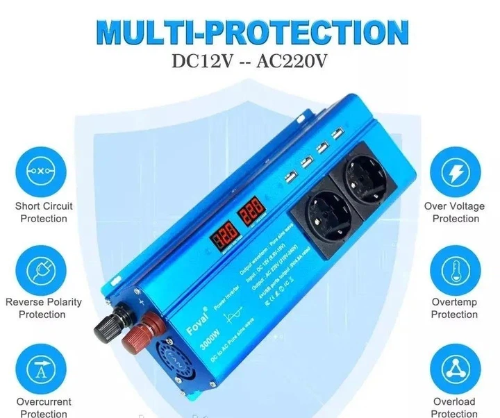 Інвертор Foval 3000W 12-220V чистий синус, перетворювач напруги з 12В у 220В - зображення 3