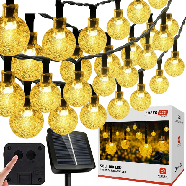 Солнечная гирлянда 19 м 100 LED шариков тёплый свет 3000K / уличная гирлянда на солнечной батарее IP44 / декоративная гирлянда для сада и террасы / автономная гирлянда с датчиком освещения - Фото 3 Солнечная гирлянда 19 м 100 LED шариков тёплый свет 3000K / уличная гирлянда на солнечной батарее IP44 / декоративная гирлянда для сада и террасы / автономная гирлянда с датчиком освещения - изображение 3