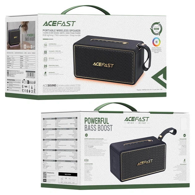 Портативна колонка Bluetooth ACEFAST K3 Max portable wireless speaker BT5.4 USBTF/AUX TWS 80W Black - зображення 8