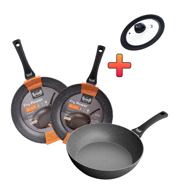 Набір сковорідок Fry Power 26 см, 28 см та глибока сковорідка 28 см + ПОДАРУНОК: універсальна скляна кришка - Фото 1 Набір сковорідок Fry Power 26 см, 28 см та глибока сковорідка 28 см + ПОДАРУНОК: універсальна скляна кришка - изображение 1