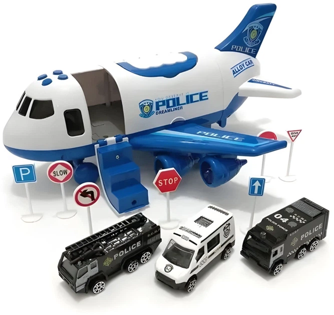 Zestaw policji Woopie Samolot + Rozkładany transporter z 3 autami + Znaki drogowe 1:64 Biało-niebieski 58144 (5906280658144) - obraz 2